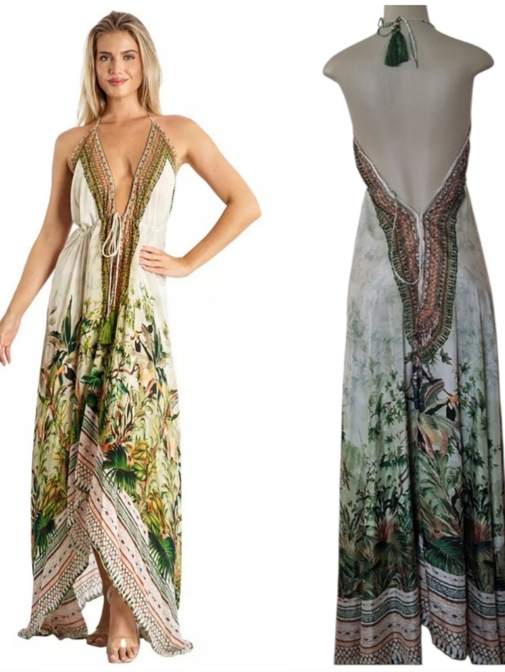 True Colors La Moda embellished Halter Maxi Dress High-Low Low Back Tropical